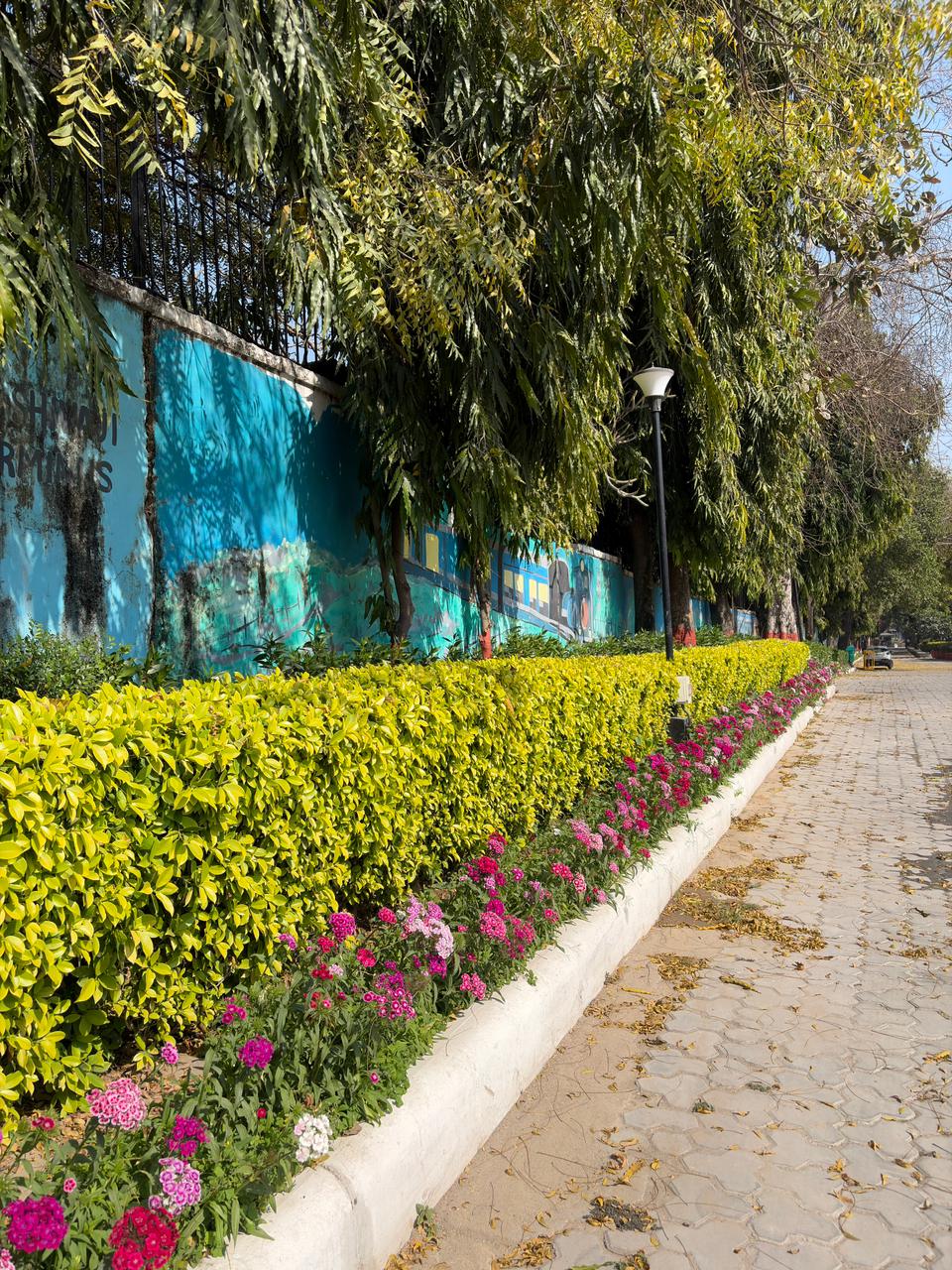 Flower beds along a museum walkway